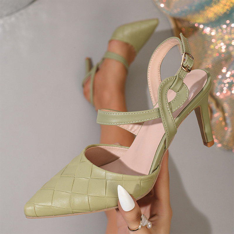 Shoeswoon Pointed Toe Slingback Heels Woven Upper Ankle Buckle