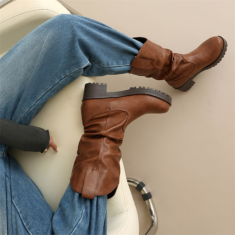 Shoeswoon Slouch Mid Calf Cowboy Boots Chunky Block Heel