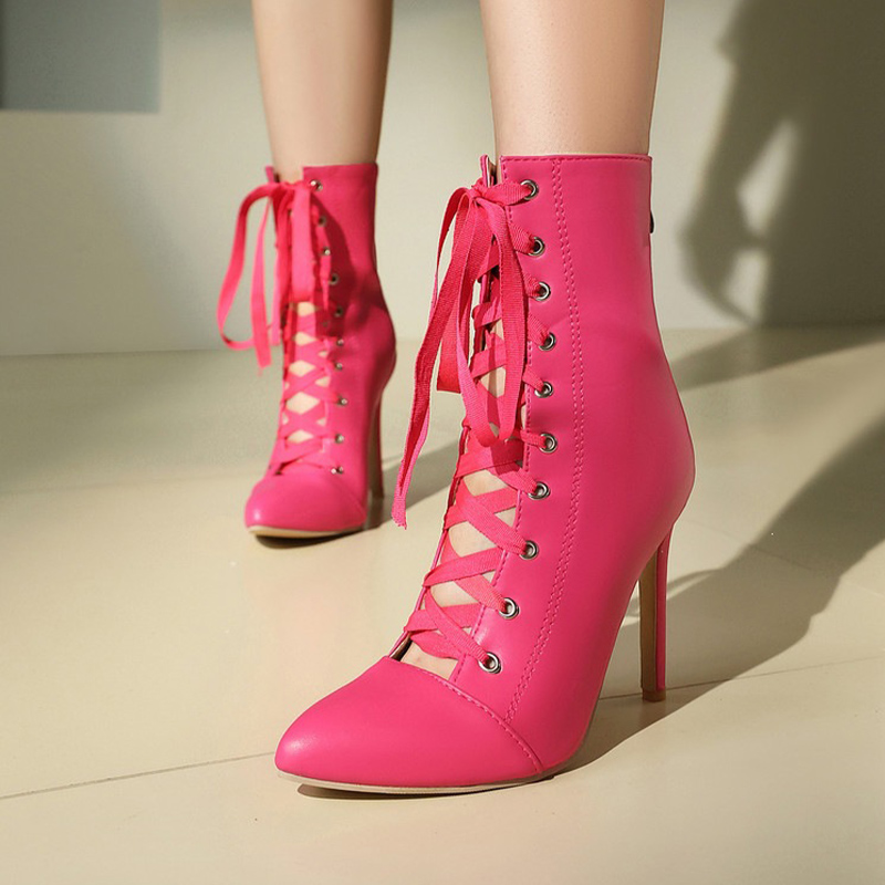 Shoeswoon Lace Up Cutout Stiletto Ankle Boots