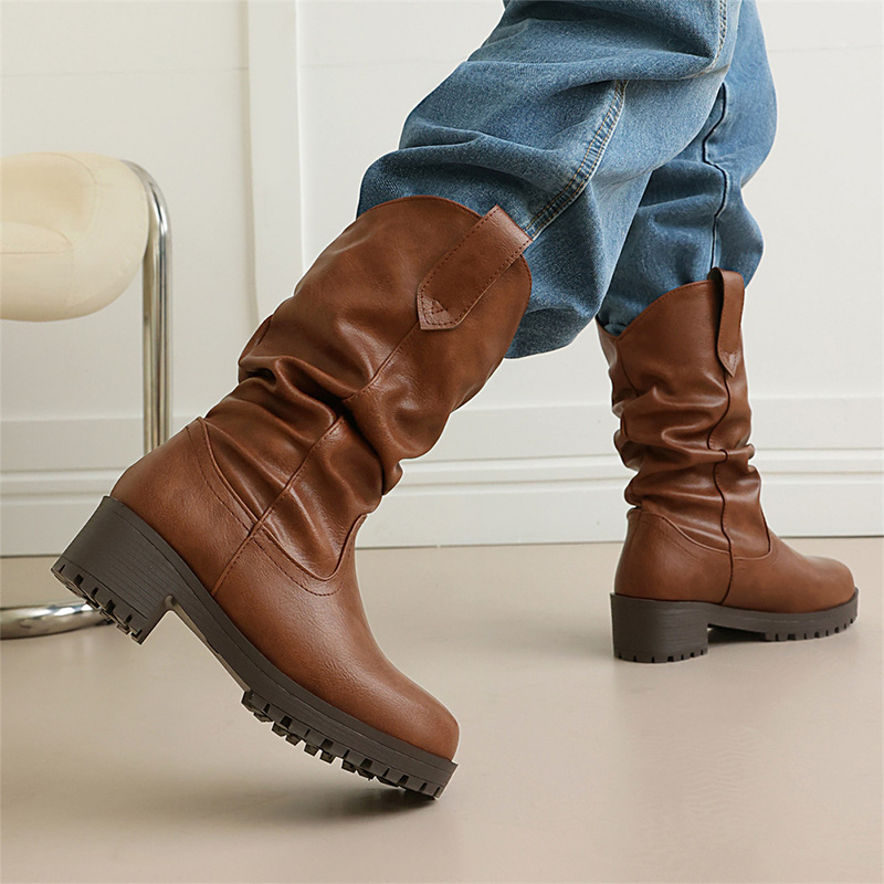 Shoeswoon Slouch Mid Calf Cowboy Boots Chunky Block Heel