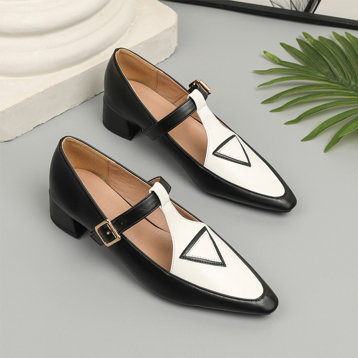 Shoeswoon Retro Contrast T‑Strap Buckle Mid Block Heel Mary Jane Shoes