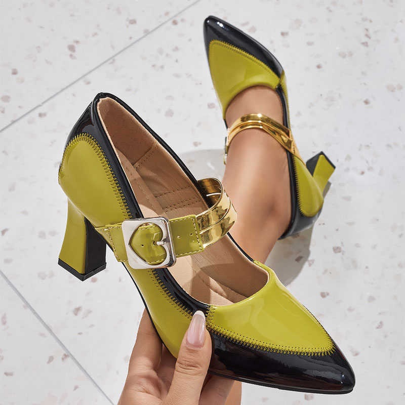 Shoeswoon Color Block Patent Heart Buckle Mary Jane Block Heel Pumps