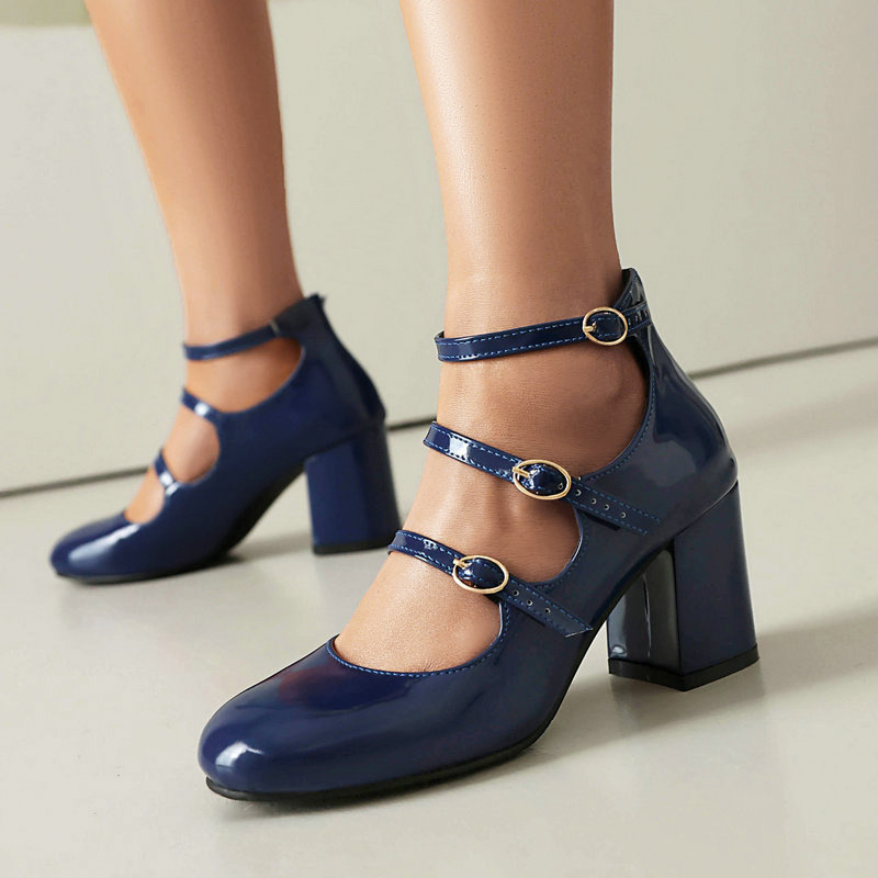 Shoeswoon Round Toe Triple Strap Patent Mary Janes Mid Block Heel