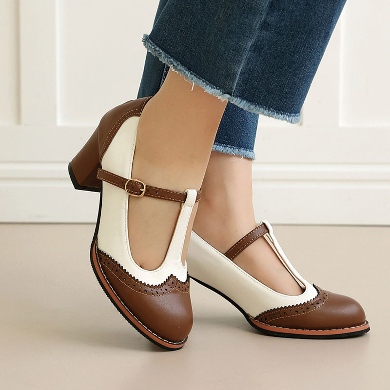 Shoeswoon Round Toe Retro Saddle T‑Bar Mary Janes Mid Block Heel
