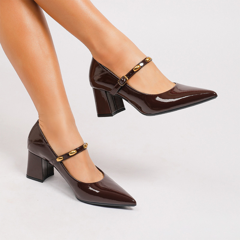 Shoeswoon Pointed Toe Glossy Patent Mary Janes Gold Decor Strap Mid Block Heel