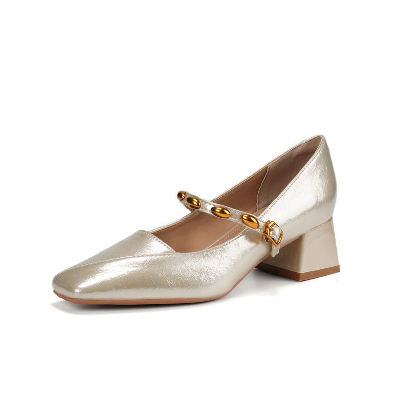 Shoeswoon Gold Metal Bead Strap Square Toe Block Heel Mary Jane Pumps