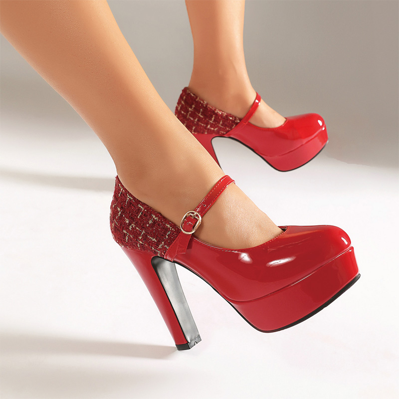 Shoeswoon Round Toe Heart‑Buckle Mary Janes Two‑Tone Platform High Block Heel