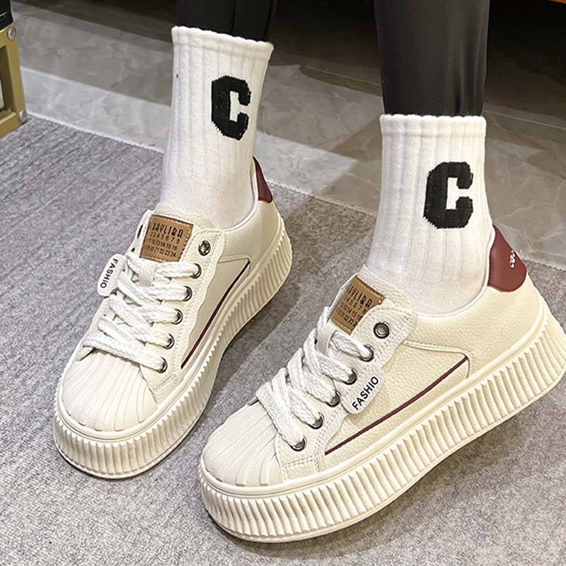 Shoeswoon Retro Shell Head Thick‑Ridged Sole Faux‑Leather Lace‑Up Chunky Fashion Sneakers