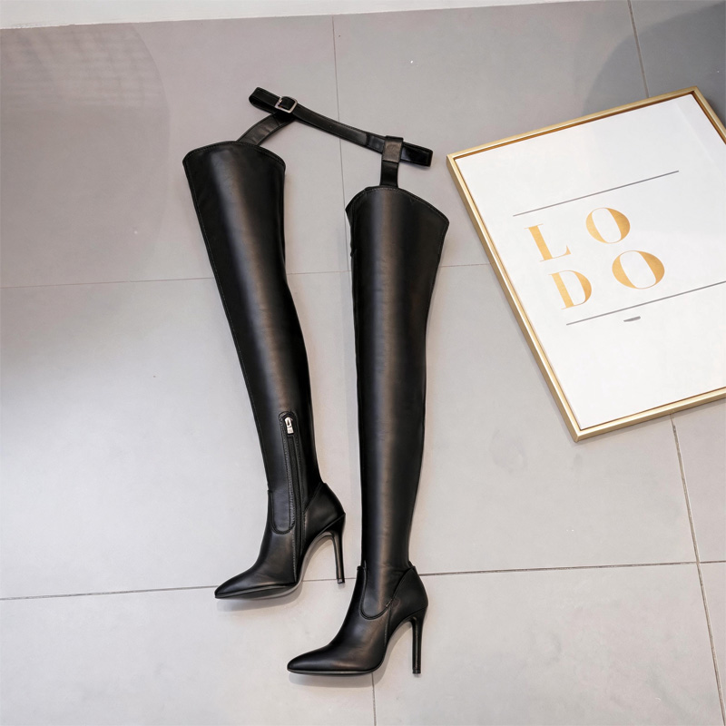 Shoeswoon Cut‑Out Waist Strap Pointed Toe Stiletto Over‑The‑Knee Boots