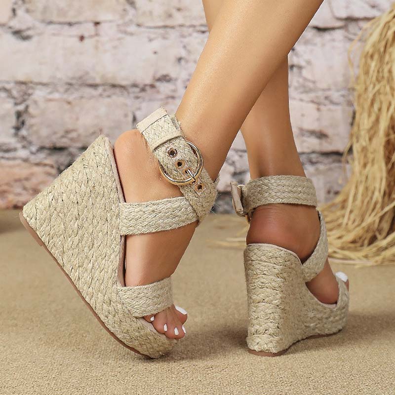 Shoeswoon Crisscross Ankle Buckle Jute Platform Wedge Sandals