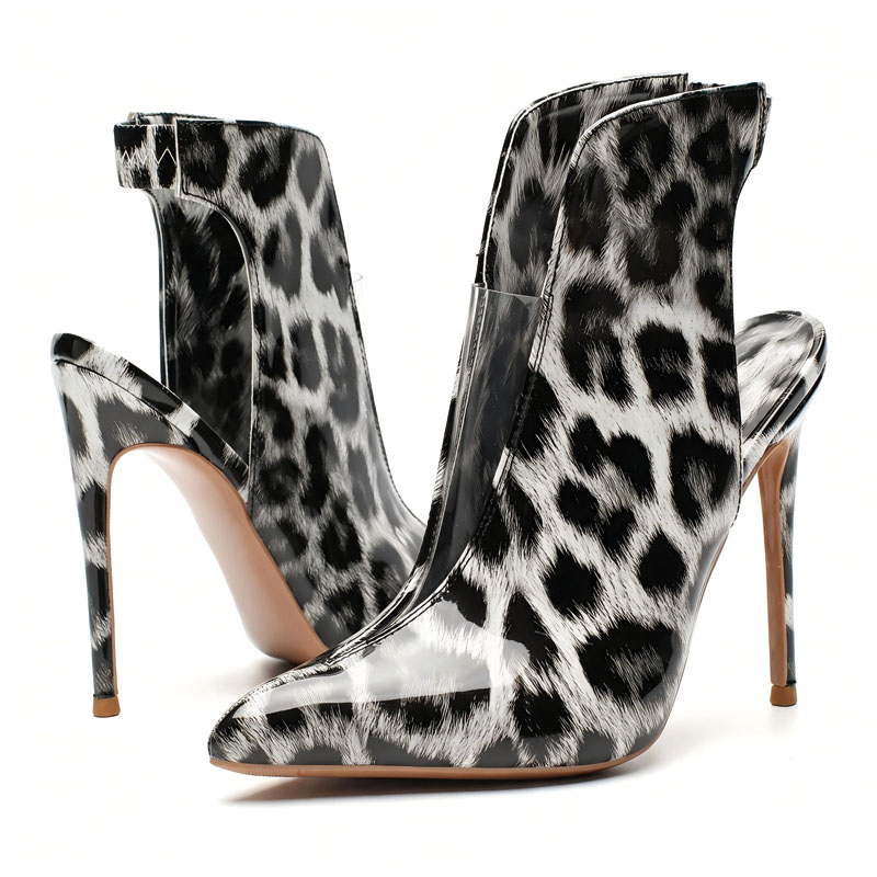 Shoeswoon Print Pattern Ankle Boots V‑Cut Front Side Zipper Slim Stiletto Heel Shoes