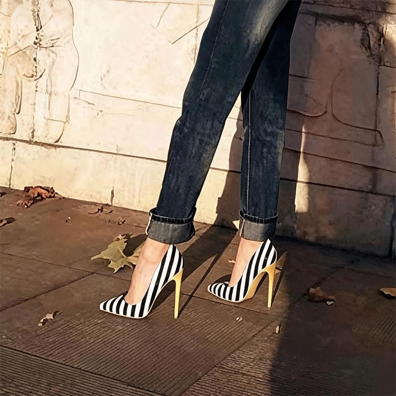 Shoeswoon Black White Striped Patent Pointed Toe Stiletto High Heel Pumps