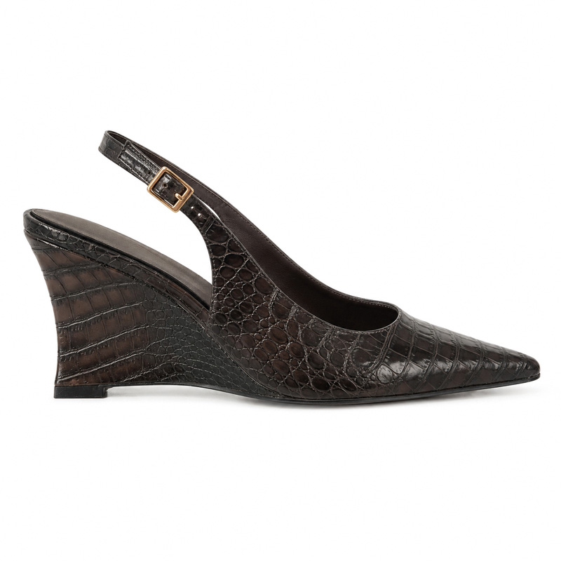 Shoeswoon Croc Embossed Pointed Toe Slingback Wedge Pumps