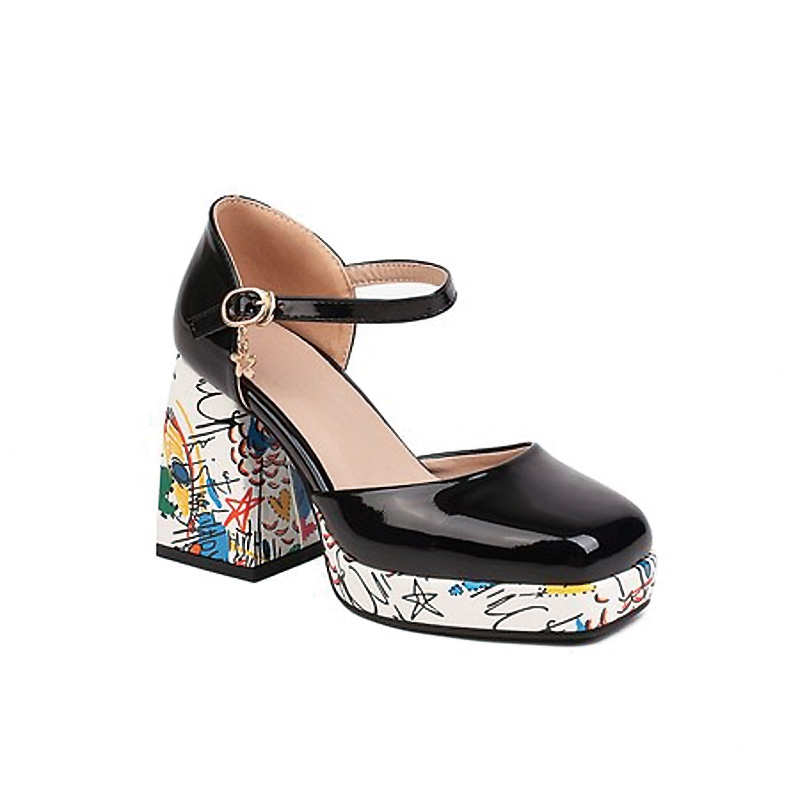 Shoeswoon Square Toe Ankle Strap Platform Heels Printed Chunky Block Heel