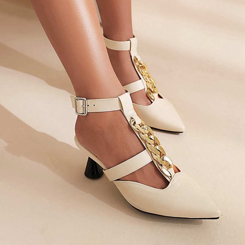 Shoeswoon Metal Chain Pointed Toe T‑Strap Ankle Strap Heels