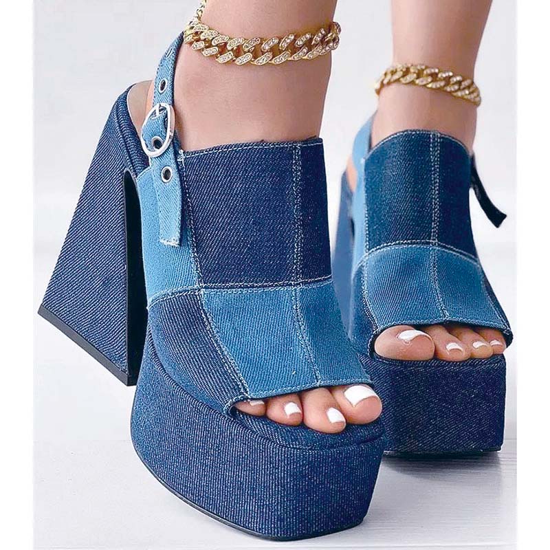 Shoeswoon Color Block Denim Slingback Open Toe Platform Chunky Trapeze Heel Sandals