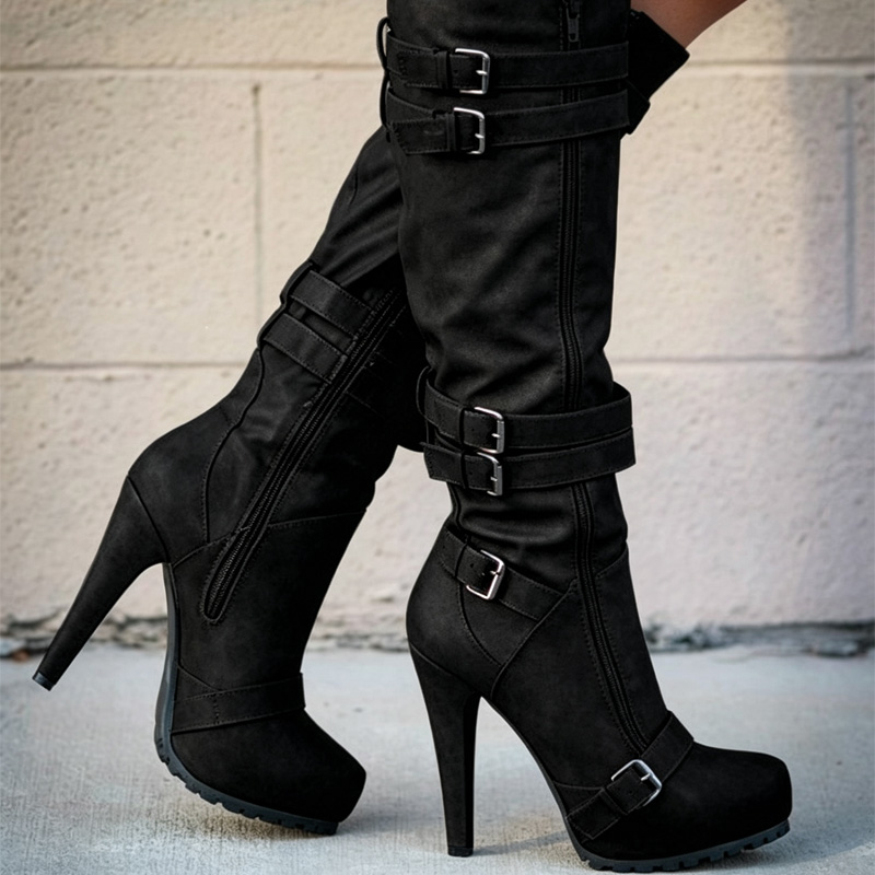Shoeswoon Punk‑Style Multi‑Buckle Side Zipper Platform Stiletto Knee Boots