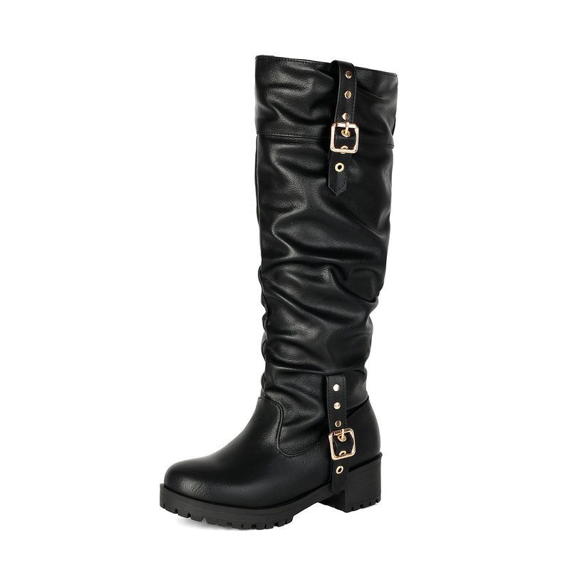 Shoeswoon Slouchy Multi‑Buckle Platform Block Heel Knee‑High Boots