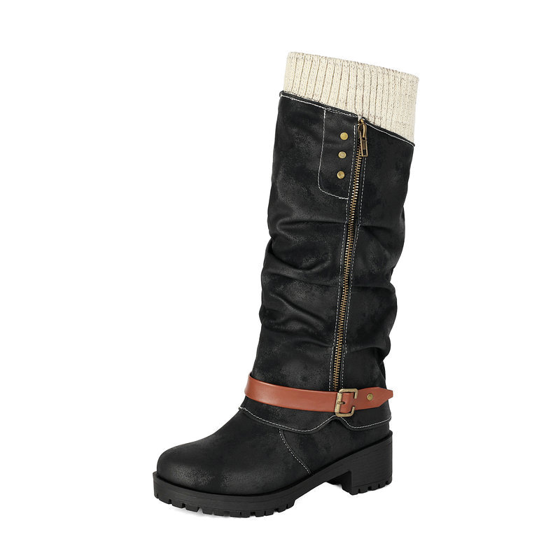 Shoeswoon Knit Cuff Buckle‑Decor Side‑Zip Platform Block Heel Knee‑High Boots