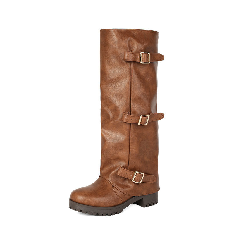 Shoeswoon Vintage Ruched Shaft Metal Buckle Platform Knee‑High Boots
