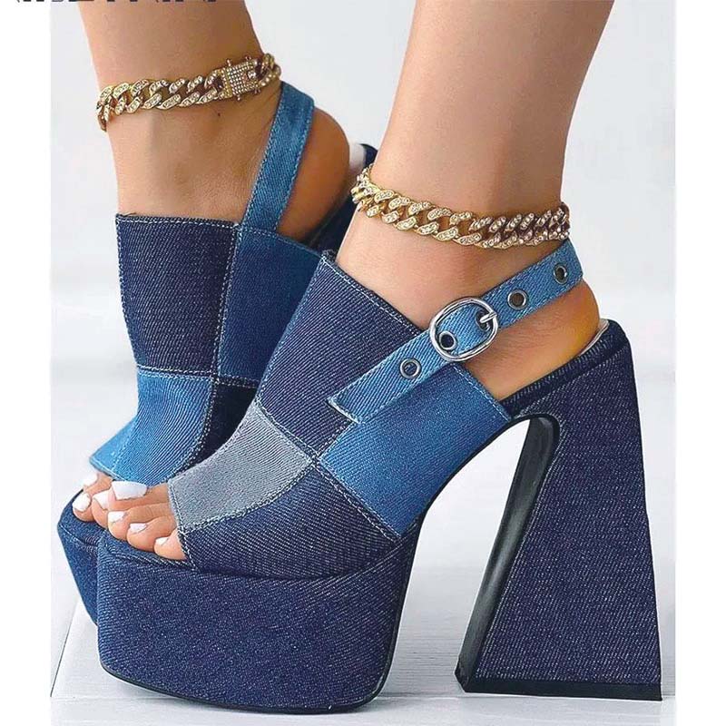 Shoeswoon Color Block Denim Slingback Open Toe Platform Chunky Trapeze Heel Sandals