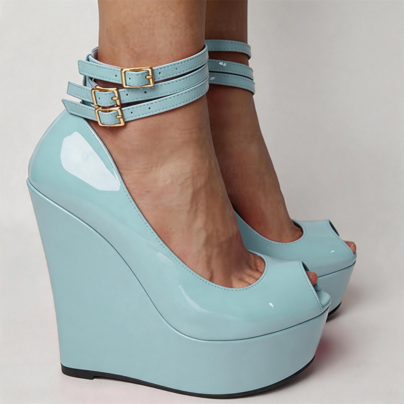 Shoeswoon Patent Peep Toe Multi Strap Double Buckle Ankle Wrap Platform Wedge Sandals