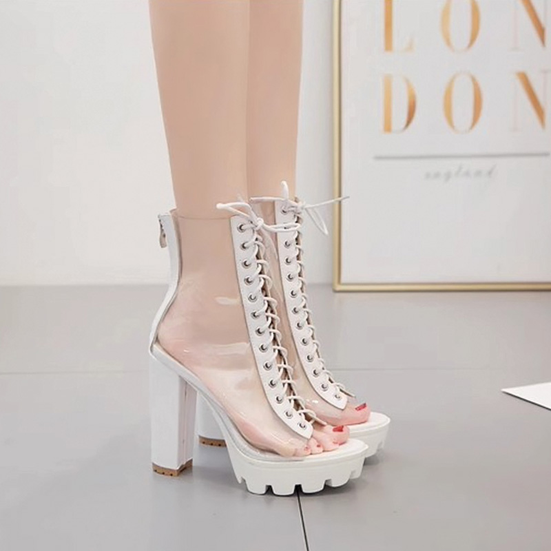 Shoeswoon Clear Peep Toe Lace-Up Platform Chunky Heel Sandals