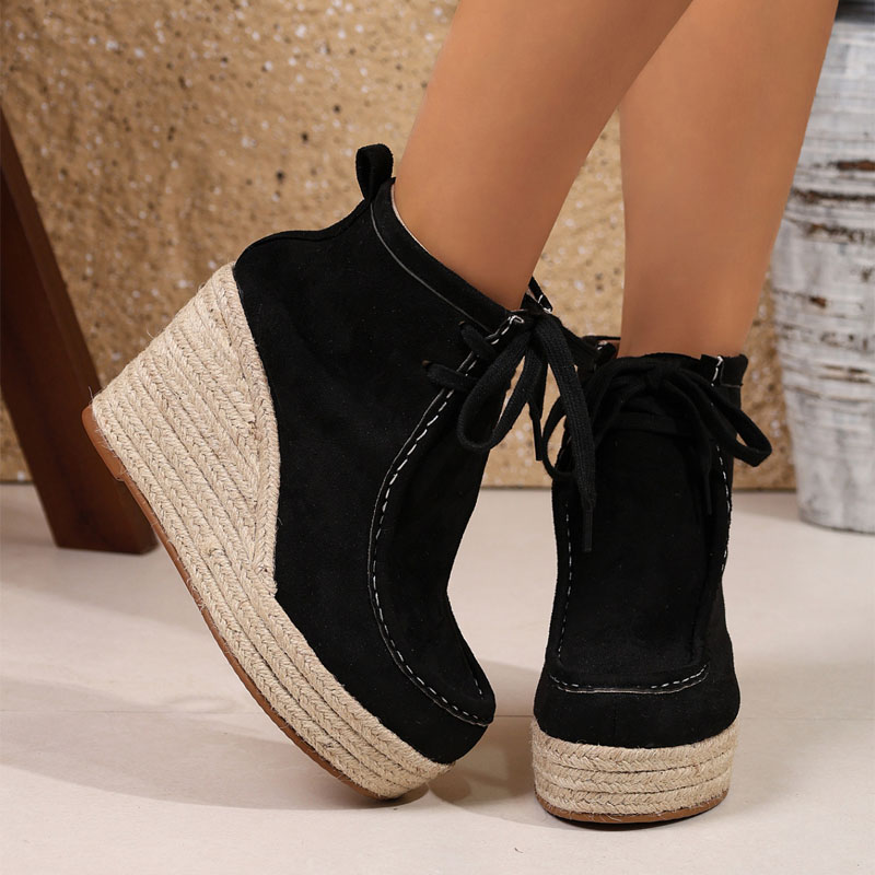 Shoeswoon Bohemian Stitch Detail Platform Wedge Ankle Boots
