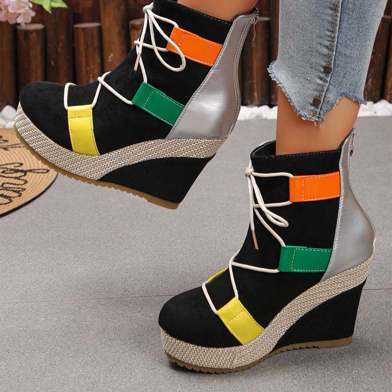 Shoeswoon Trendy Front Lace Up Textured Upper Platform Wedge Boots
