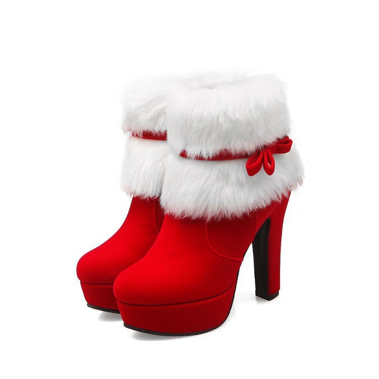 Shoeswoon Christmas Cosplay Fluffy Trim Bow Accent Platform Heel Boots