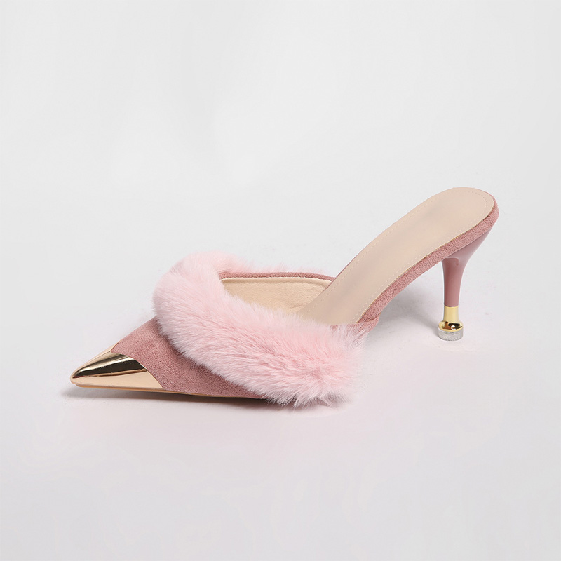 Shoeswoon Furry Pointed Toe Metal Tip Stiletto Mule Heels