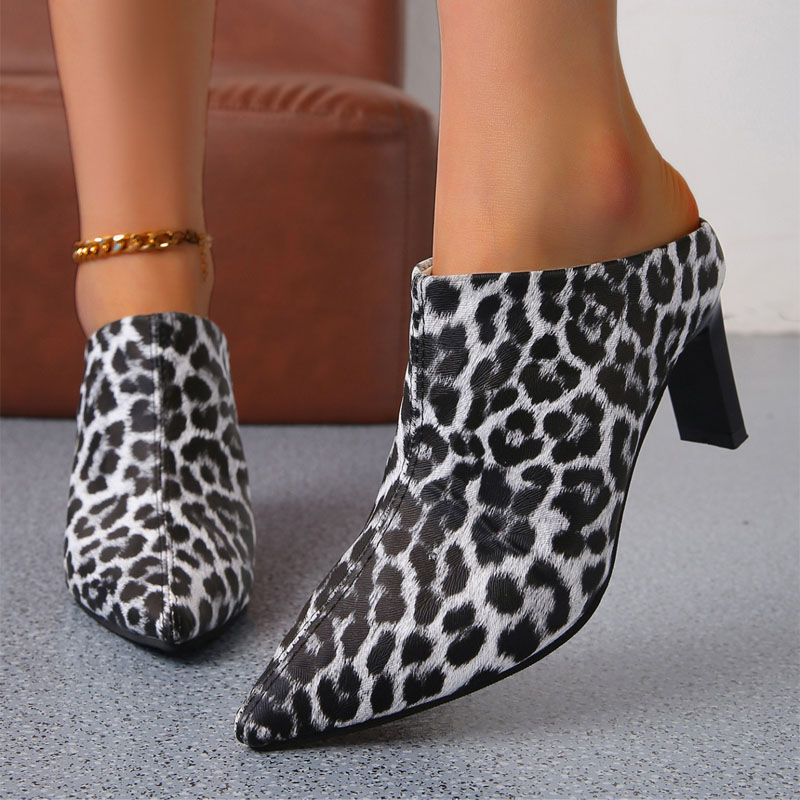 Shoeswoon Fashion Faux Fur Leopard Pattern Pointed Mule Heels