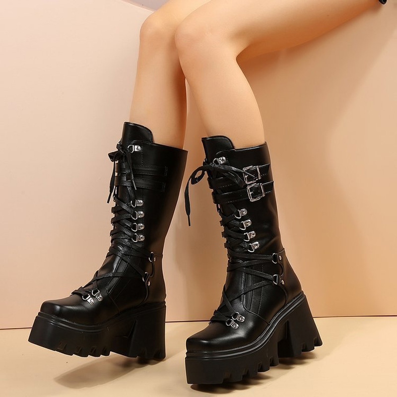 Shoeswoon Gothic Multi Buckle Lace Up Platform Mid Calf Boots