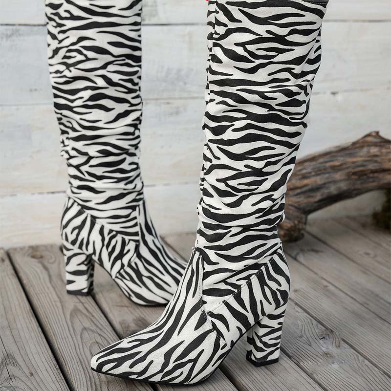 Shoeswoon Zebra Print Ruched Shaft Pointed Toe Block Heel Knee High Boots