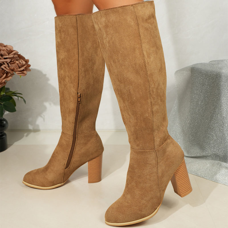 Shoeswoon Elegant Side Zipper Round Toe Chunky Wood Heel Knee High Boots