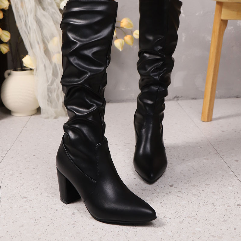 Shoeswoon Trend Ruched Tall Shaft Pointed Toe Block Heel Knee High Boots