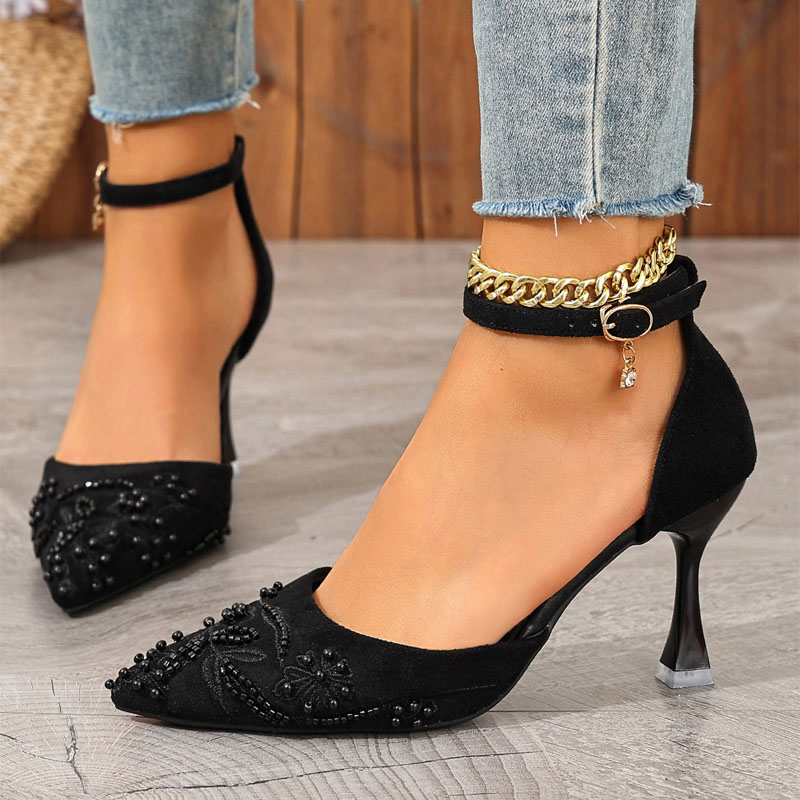 Shoeswoon Pearl Embroidered Pointed Toe Ankle Strap Sculptural Heels