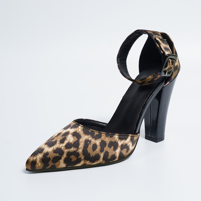 Shoeswoon Satin Leopard Pattern Adjustable Ankle Buckle Pointed Heels
