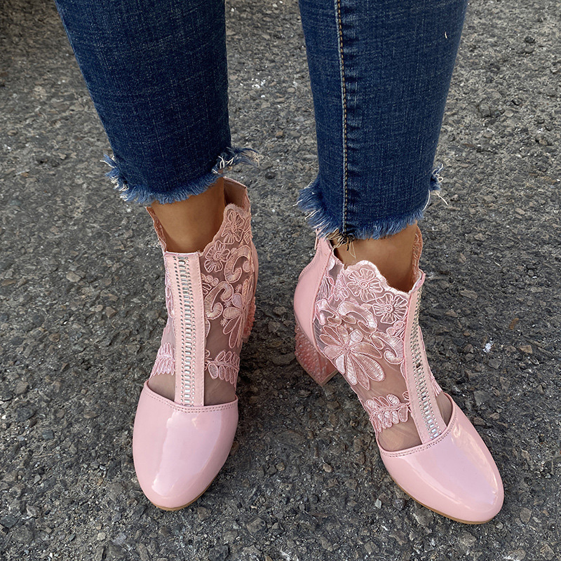 Shoeswoon Floral Lace Mesh Panel Rhinestone Chunky Block Heel Ankle Boots