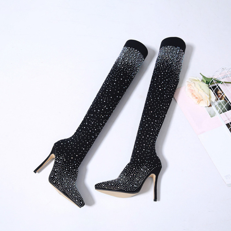Shoeswoon Full Rhinestone Pointed Toe Stiletto Stretch Over The Knee Boots