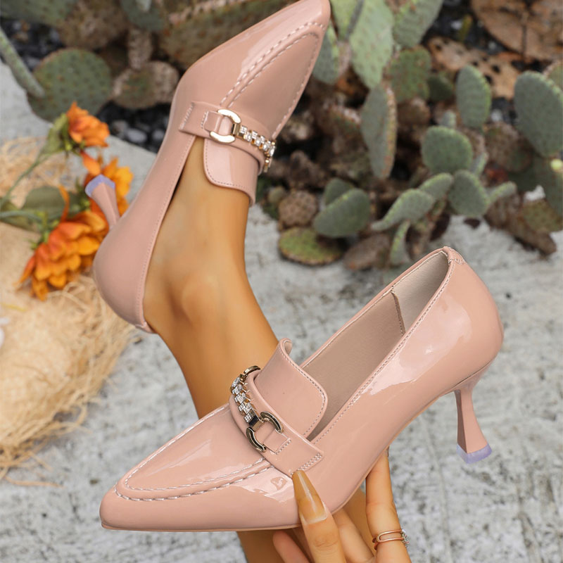 Shoeswoon Pointed Vamp Rhinestone Metal Buckle Patent Sculpted High Heels