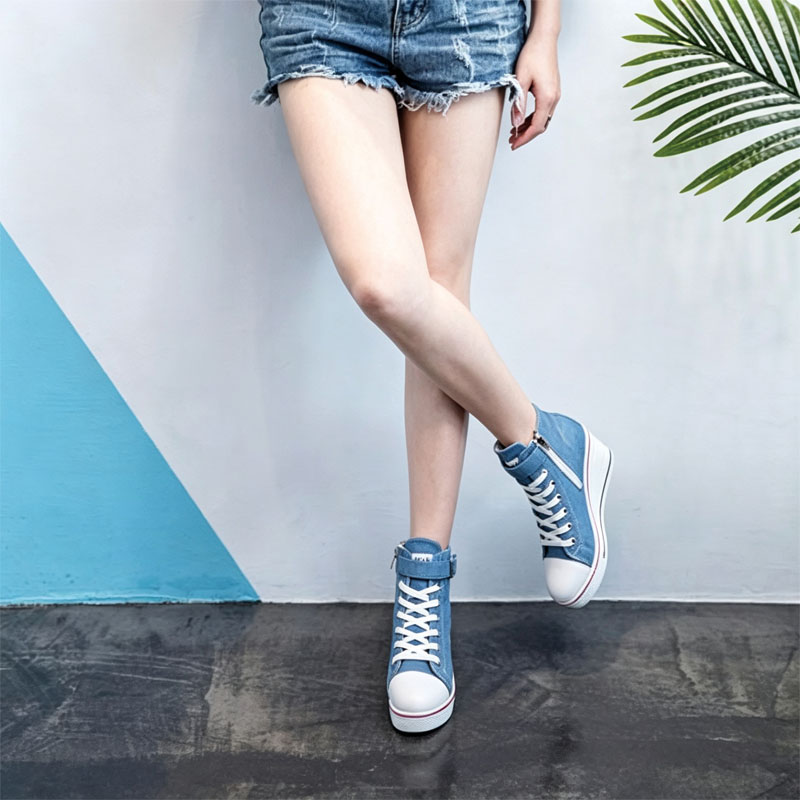 Shoeswoon Canvas High‑Top Wedge Sneakers with Buckle Strap & Side Zipper