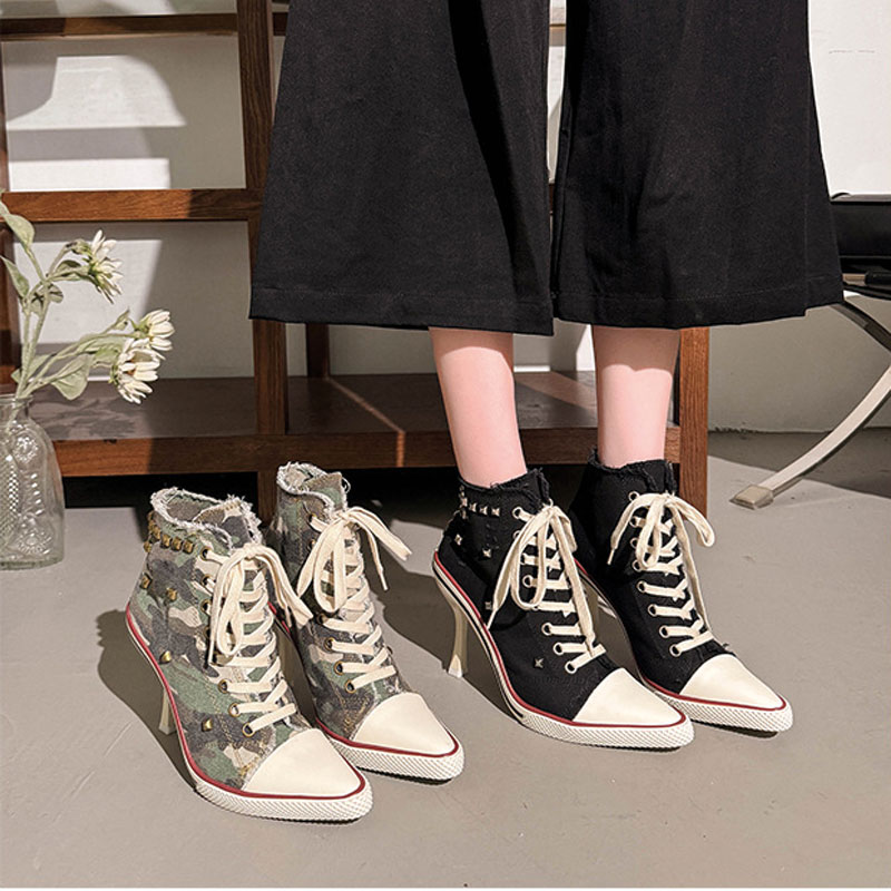 Shoeswoon Camo Canvas High‑Top Stiletto Heel Sneaker Boots Studded Fringe Trim