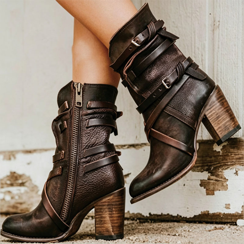 Shoeswoon Boho Distressed Crisscross Buckle Chunky Heel Ankle Boots