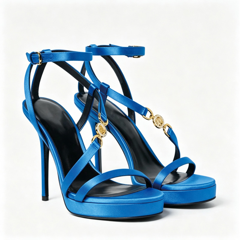 Shoeswoon Satin Gold Medallion Hardware Ankle Strap Platform Stiletto Sandals