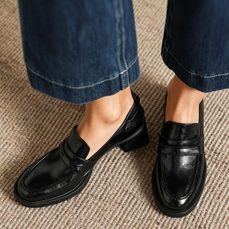 Shoeswoon Retro Pleated Strap Slip‑on Chunky Heel Office Loafers