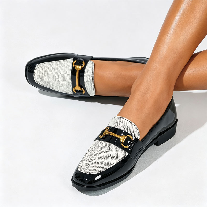 Shoeswoon Black‑White Contrast Spliced Square Toe Gold Buckle Low‑Heel Ladies Fashion Loafers