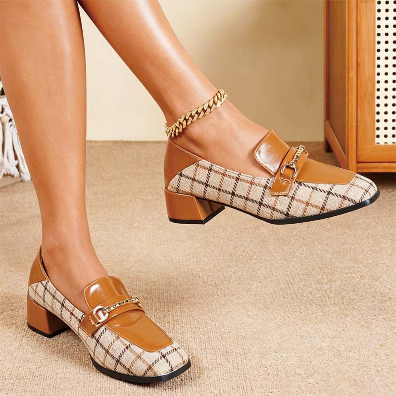 Shoeswoon Plaid Fabric & Patent Spliced Gold Chain Decor Slip‑On Mid Block Heel Women's Loafer Shoes