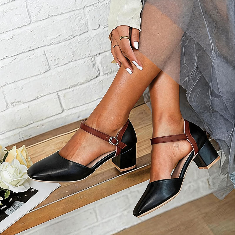 Shoeswoon Retro Color‑Block Ankle‑Buckle Mid Block‑Heel Mary Janes