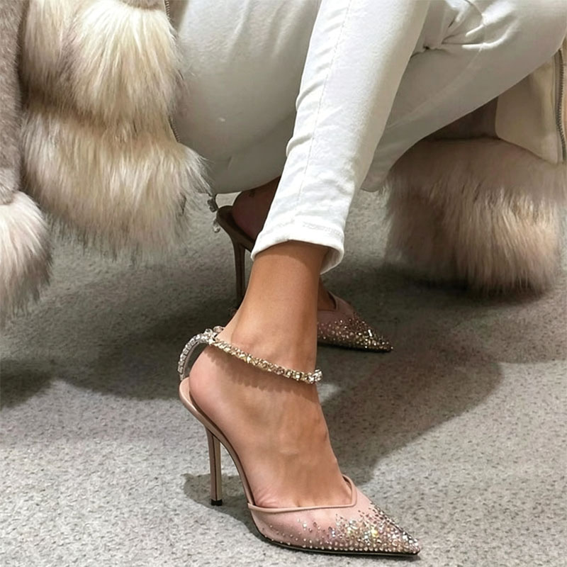 Shoeswoon Nude Mesh Rhinestone Slingback Pointed Toe Stiletto High Heel Pumps